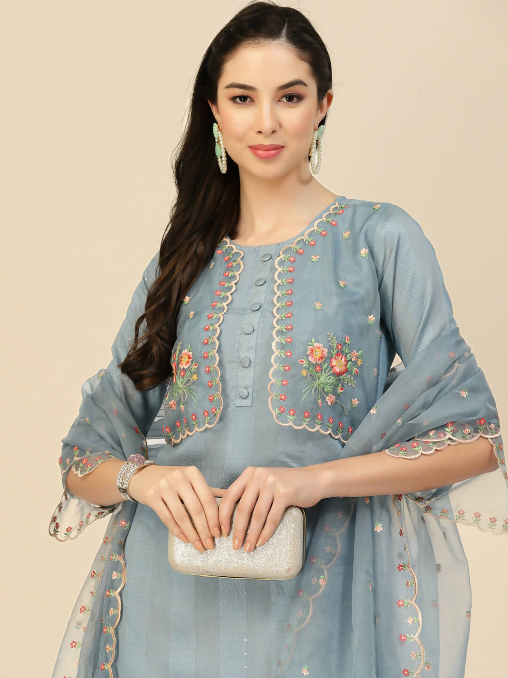 Sky Blue Embroidered Chinon Straight Kurta With Trouser & Dupatta - Salimar | Grocsy