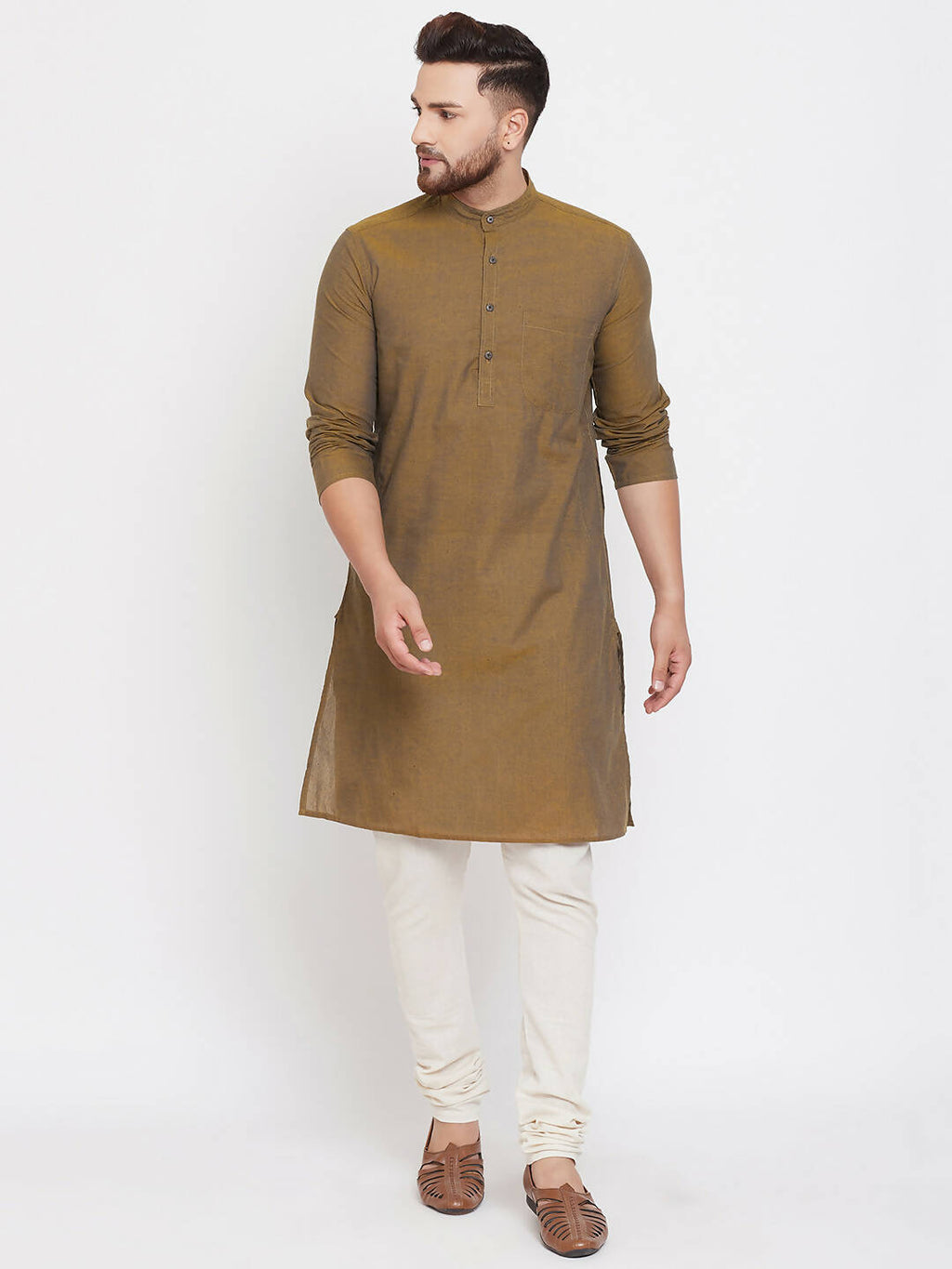 Even Apparels Brown Pure Cotton Men's Kurta With Band Collar | Grocsy