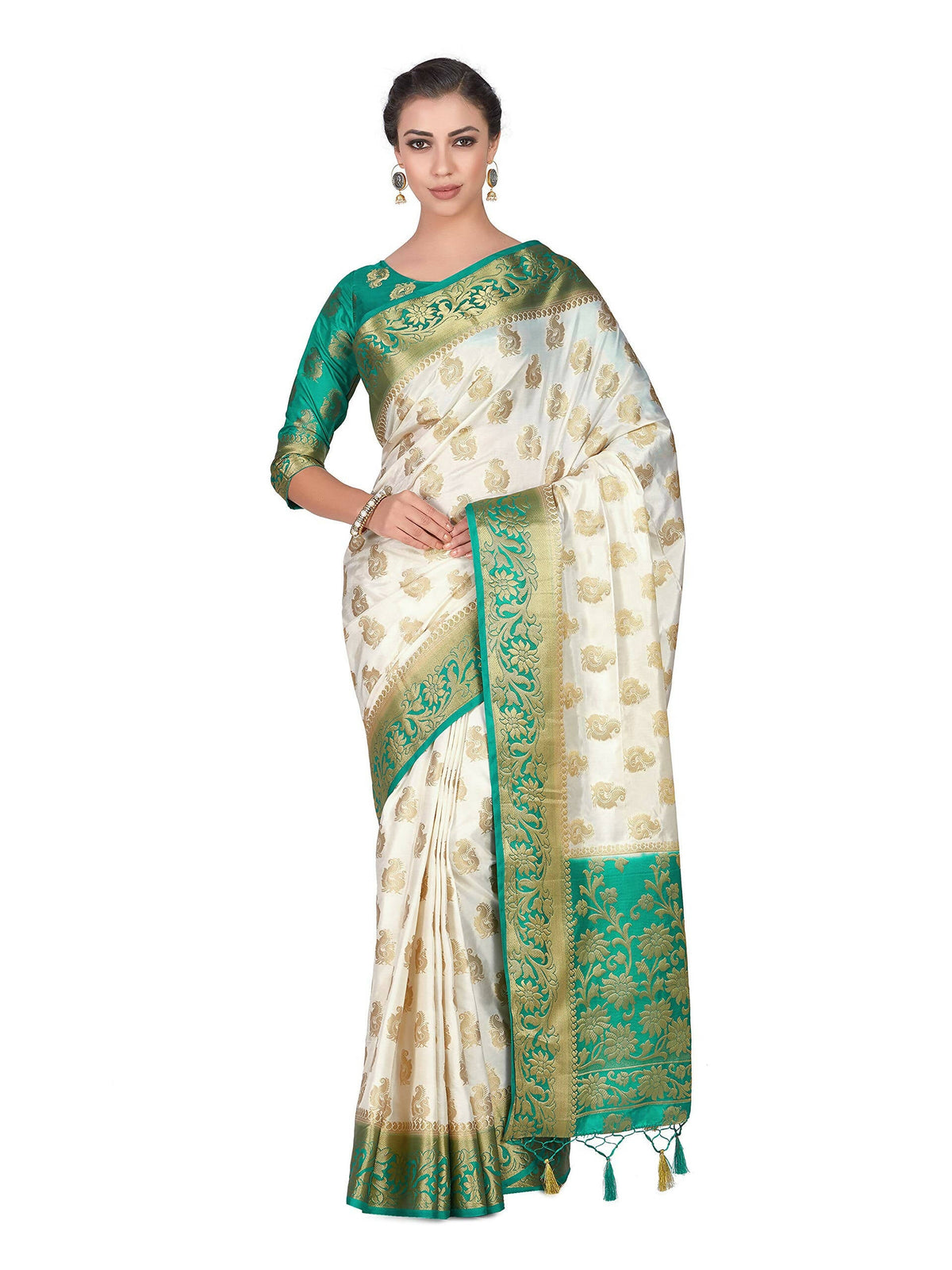 Mimosa Women's Kanchipuram Silk Beige Saree | Grocsy