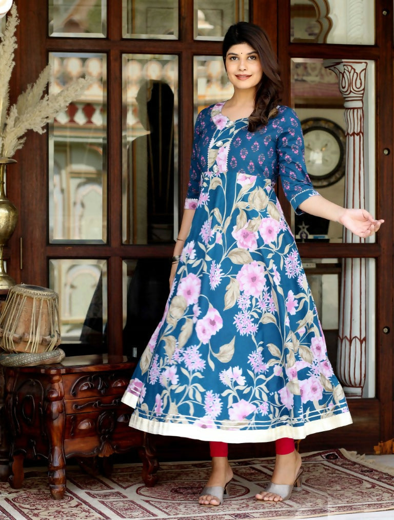 Miravan Women's Jaipuri Flower Printed Blue Anarkali Kurta With Beautiful Border Details | Grocsy