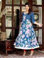 Miravan Women's Jaipuri Flower Printed Blue Anarkali Kurta With Beautiful Border Details | Grocsy
