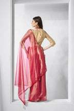 Red Gold Tissue Net Solid & Gold Cotted Saree - Samaa | Grocsy