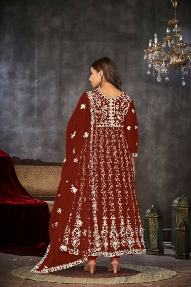 Jyoti Fashion Women's Maroon Net Embroidered Anarkali Kurta Pant Set With Dupatta | Grocsy