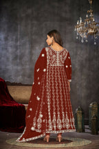 Jyoti Fashion Women's Maroon Net Embroidered Anarkali Kurta Pant Set With Dupatta | Grocsy