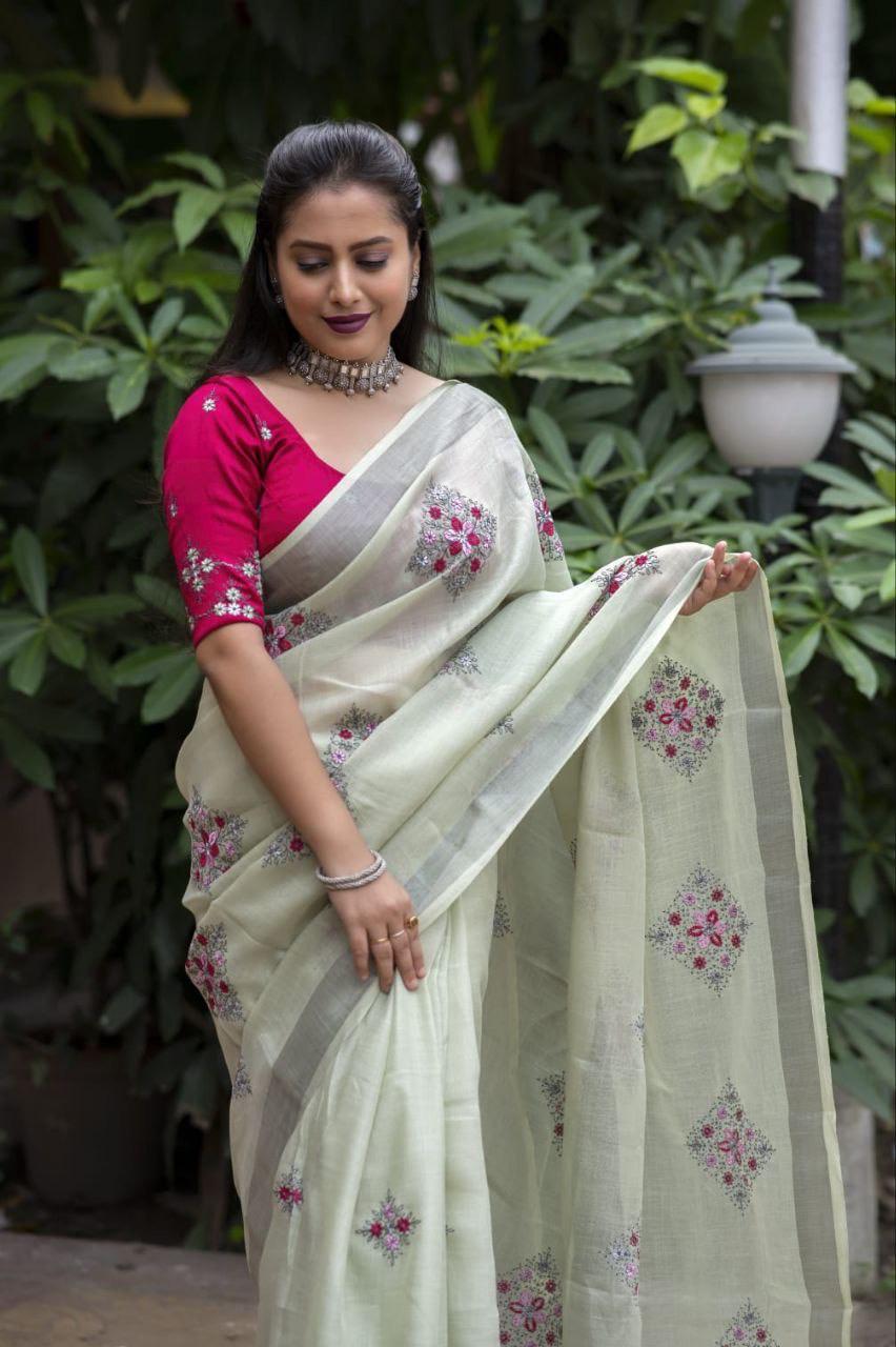 Green Pure Linen Ethnic Motifs Saree with Unstitched Blouse - A2M | Grocsy