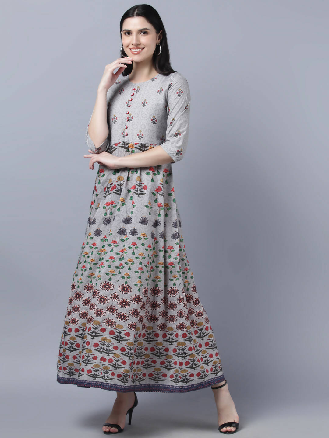 Myshka Women Grey Printed Ethnic Maxi Dress | Grocsy
