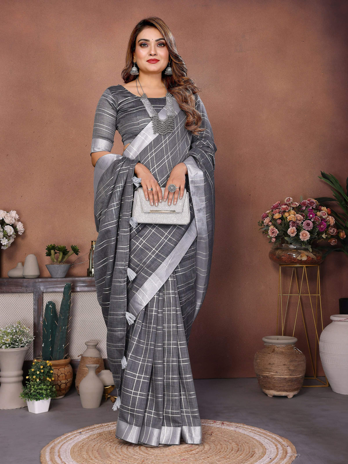 Aastha Fashion Grey Linen Weaving Saree | Grocsy
