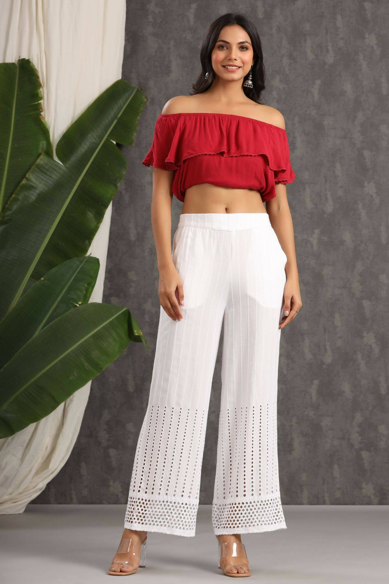 Juniper Women White Rayon Woven Design Flared Palazzo | Grocsy