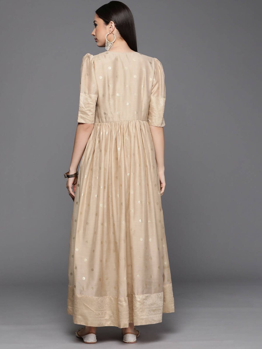 Ahalyaa Women's Beige Chanderi Gold Foil Print Dress | Grocsy