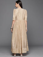 Ahalyaa Women's Beige Chanderi Gold Foil Print Dress | Grocsy