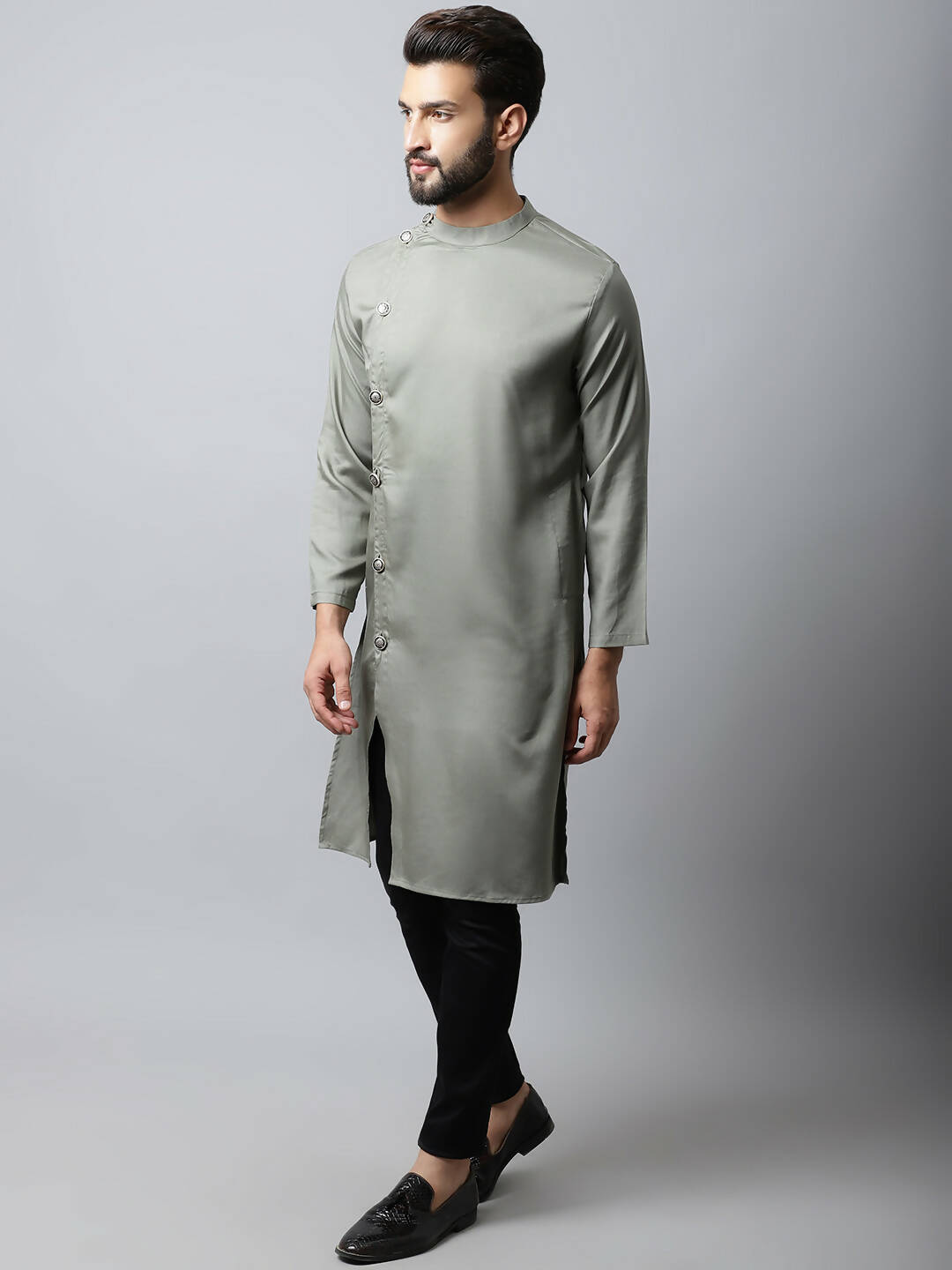 Even Apparels Grey Color Pure Cotton Sherwani Men's Kurta With Asymetrical Cut (SLD1181) | Grocsy