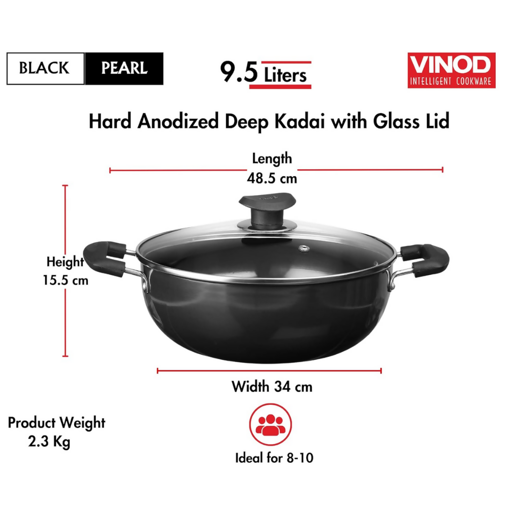Vinod Black Pearl Hard Anodised Non Stick Deep Kadhai with Glass Lid - 34 cm | Grocsy