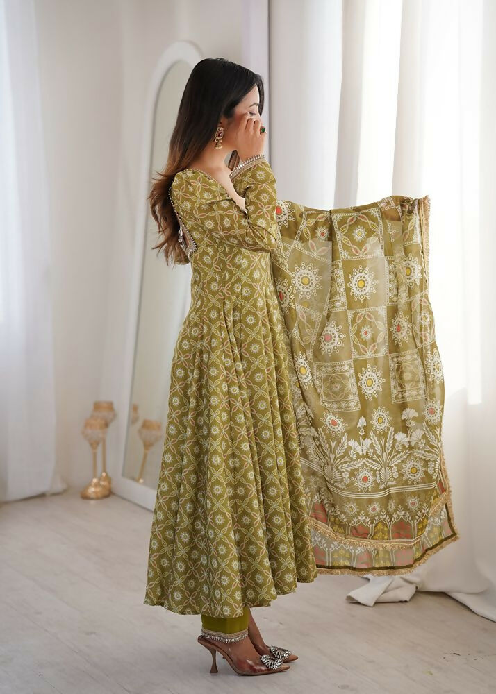 Teeya Creation Olive Green Floral Printed Anarkali Suit with Detailed Square Neckline | Grocsy