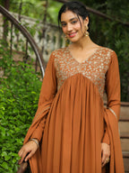 Janasya Brown Georgette Yoke Embroidery Kurta,Bottom & Dupatta | Grocsy