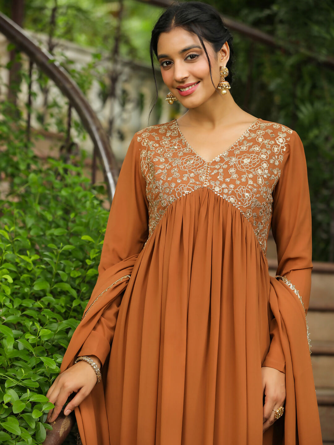 Janasya Brown Georgette Yoke Embroidery Kurta,Bottom & Dupatta | Grocsy