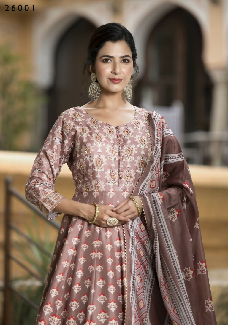 Wedding Designer PaleMauve Soft Dola Silk Anarkali suit with Dupatta - Samanta | Grocsy