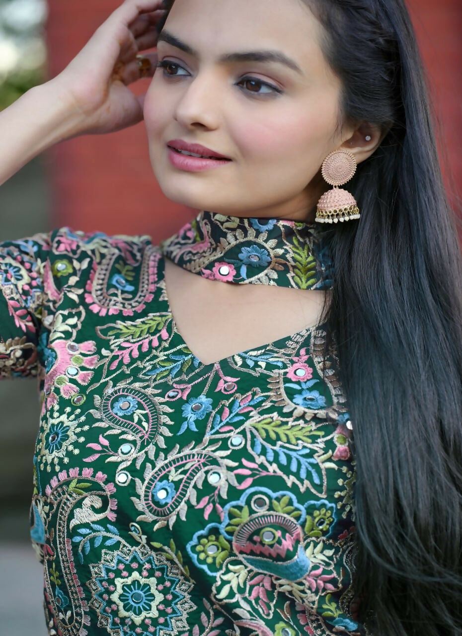 Teeya Creation Green Color Tapeta Silk Embroidery Work Party Wear Palazzo Set | Grocsy