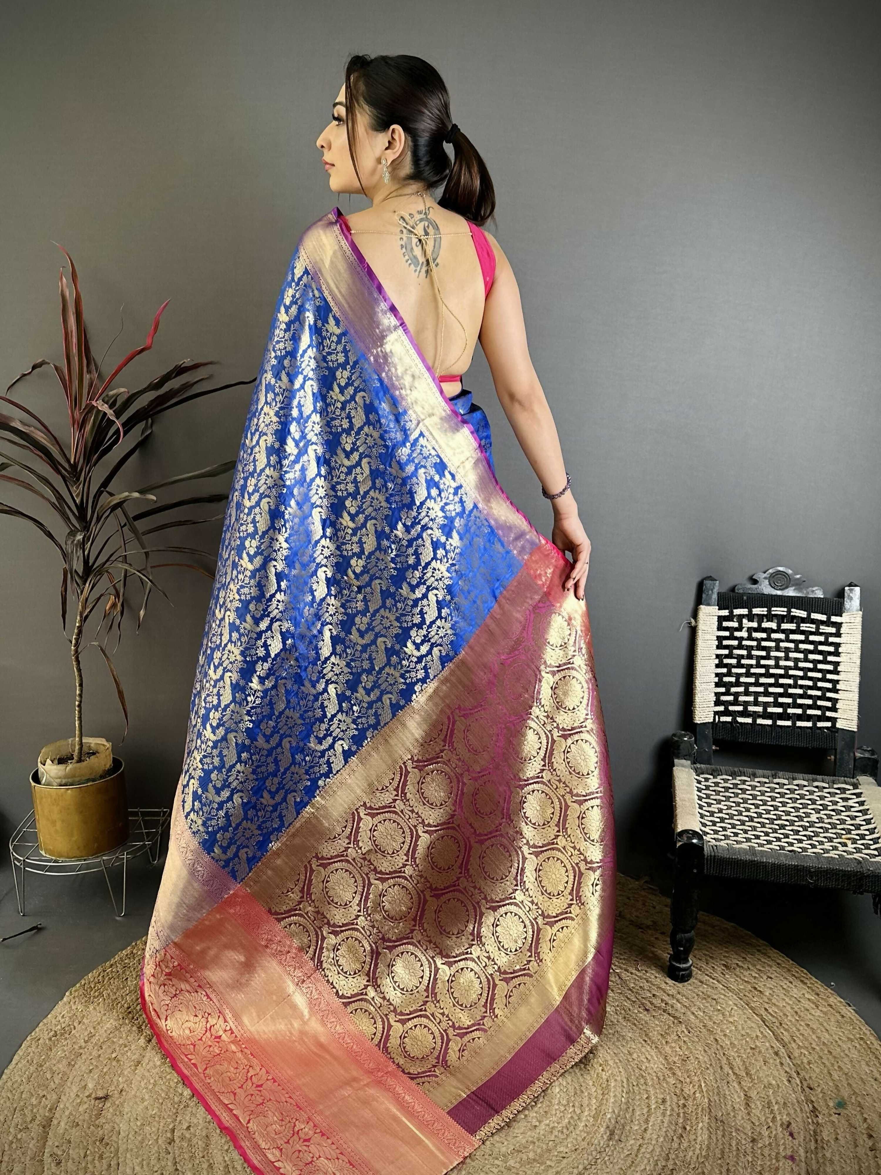 Prime Volt Pure Handloom Kanjivaram Katan Silk Saree with Antique Zari & Contrast Pallu-Royal Blue | Grocsy