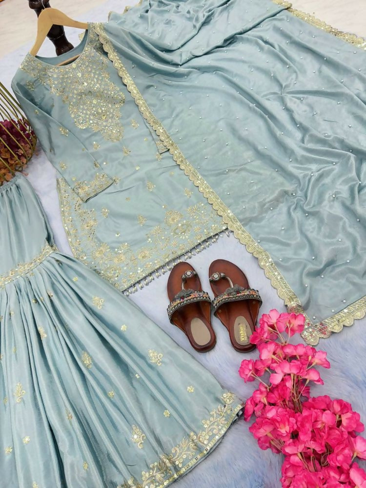 Teeya Creation Mint Green Color Chinnon Silk Embroidery Work Wedding Wear Salwar Suit | Grocsy
