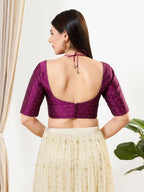 Joban Fashion Purple Brocade Padded Blouse With Sweetheart Neck Elbow Sleeves | Grocsy