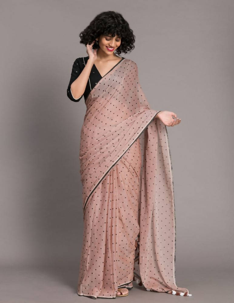 Suta Brown Black Polka Dots Printed Pure Cotton Saree | Grocsy