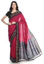 Vamika Sambalpuri Ikat Cotton Rekhabala Buti Magenta & Black Saree | Grocsy