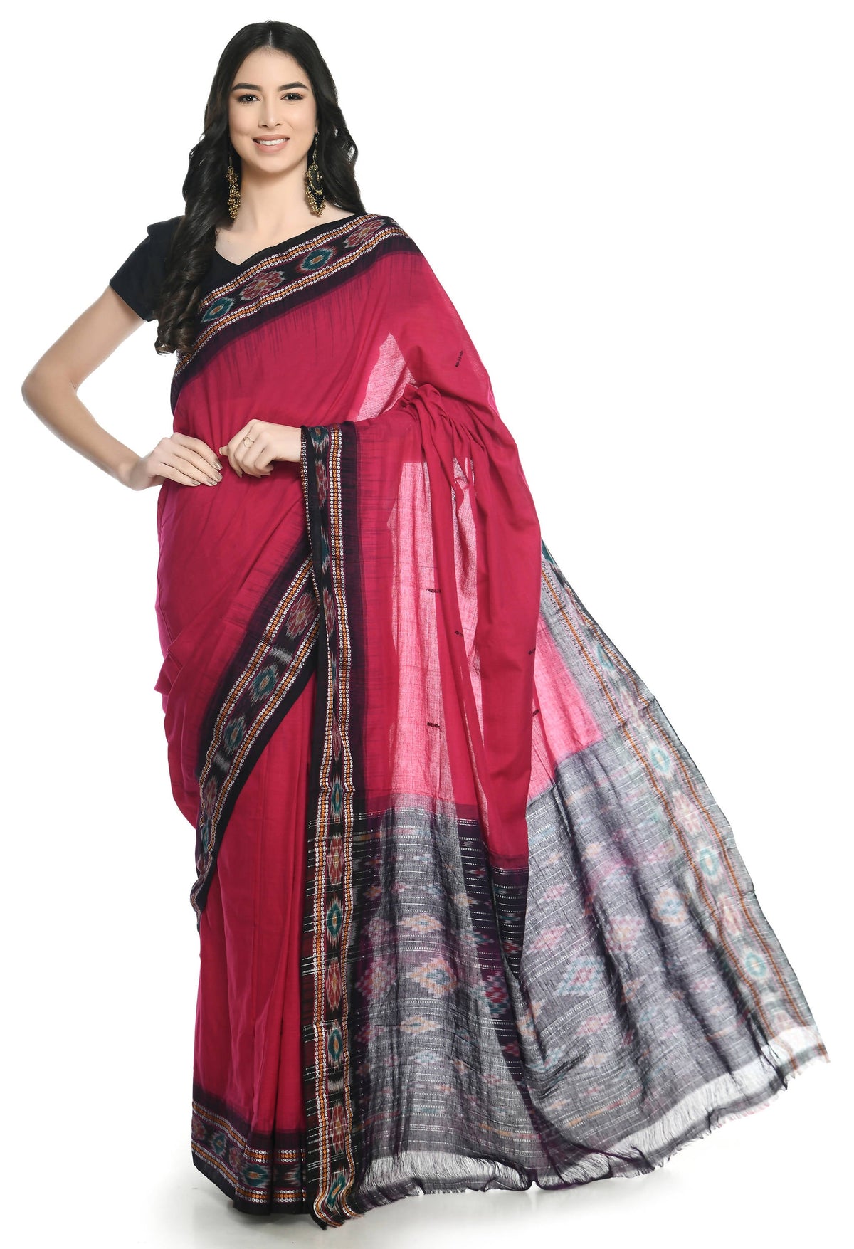 Vamika Sambalpuri Ikat Cotton Rekhabala Buti Magenta & Black Saree | Grocsy