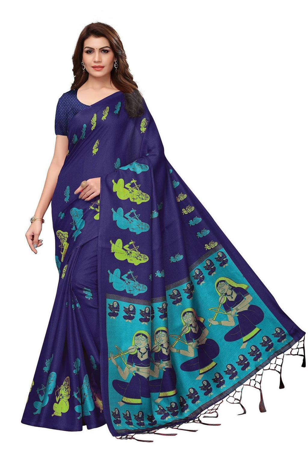 Vamika Navy Blue Kalamkari With Jhalar Khadi Silk Saree | Grocsy