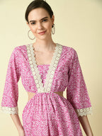Myshka Women's Pink Floral Printed Fit and Flare Dress | Grocsy
