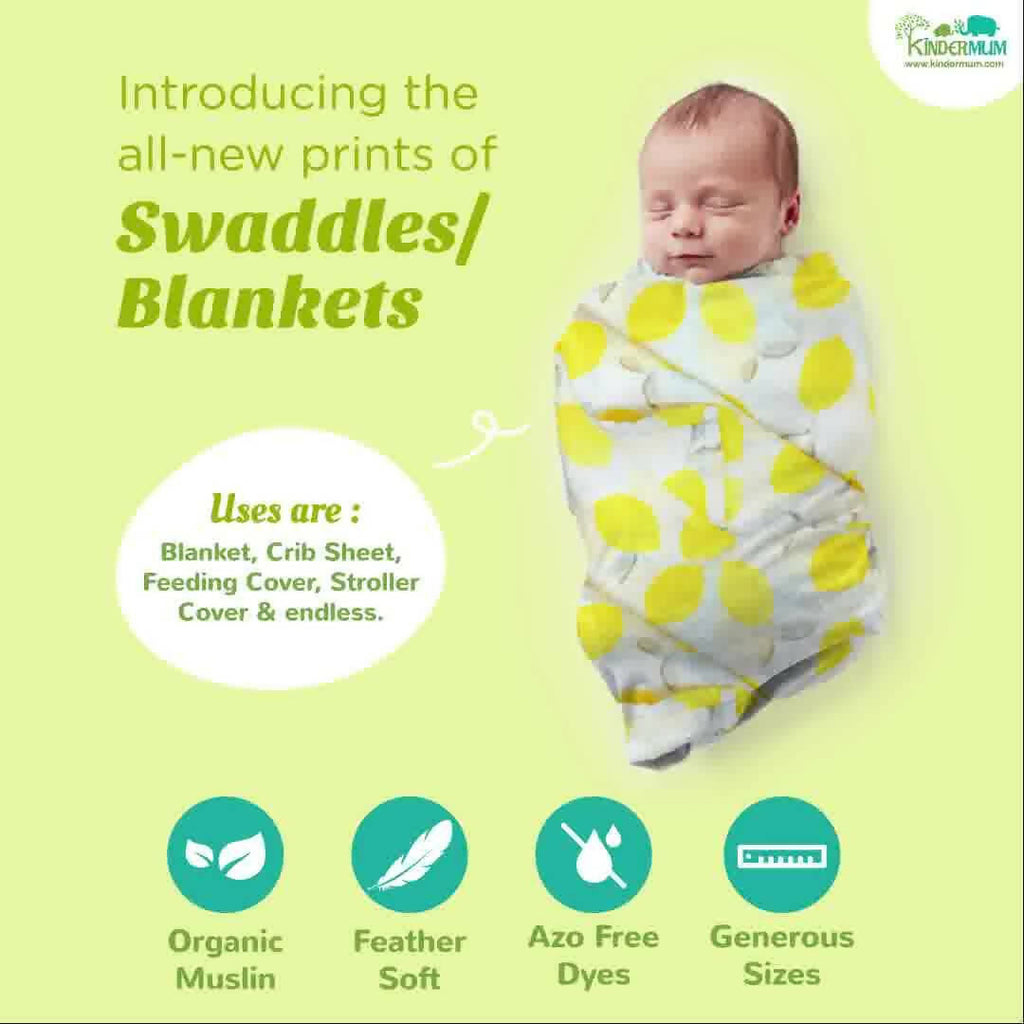 Kindermum Organic Cotton Muslin Swaddle Blanket 100 Cm X 100 Cm - Set Of 2 - Pista And Lemon | Grocsy