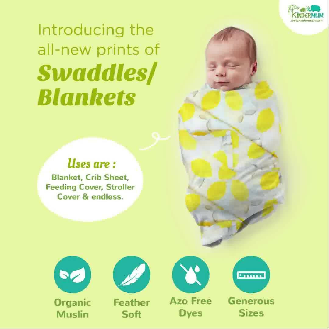 Kindermum Organic Cotton Muslin Swaddle Blanket 100 Cm X 100 Cm - Set Of 2 - Pista And Lemon | Grocsy