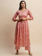 Pink Pure Cotton Floral Printed Naira Cut Kurta And Bottom With Dupatta - Akashara | Grocsy