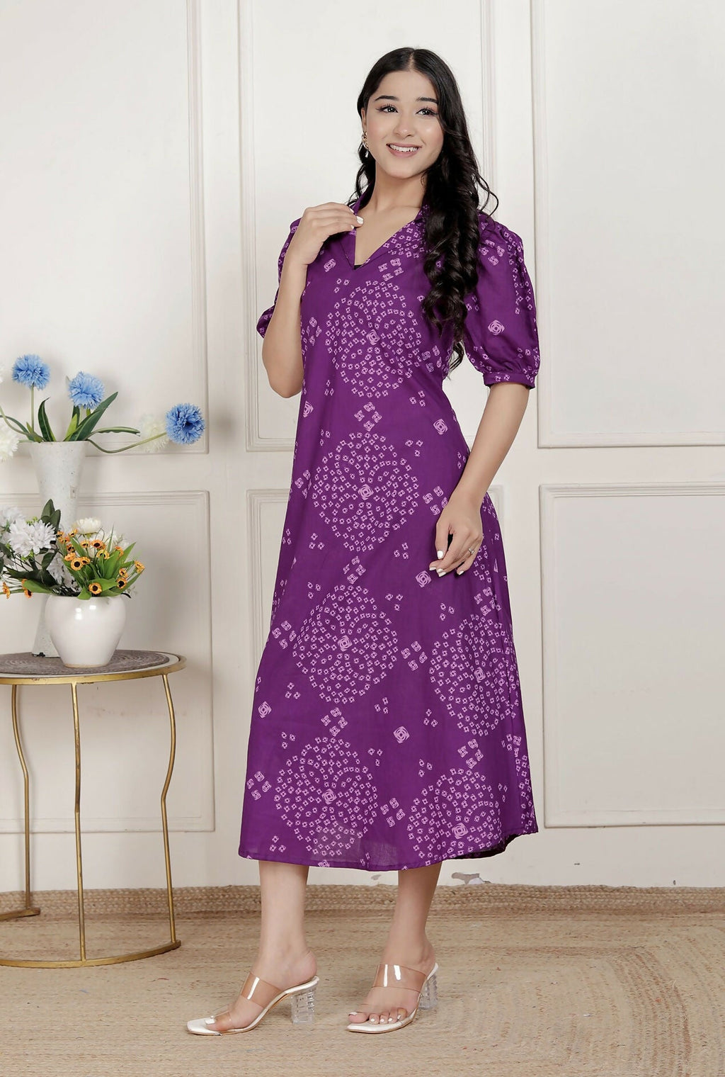 Miravan Womens Purple Bandhani Printed A-Line Maxi Dress | Grocsy