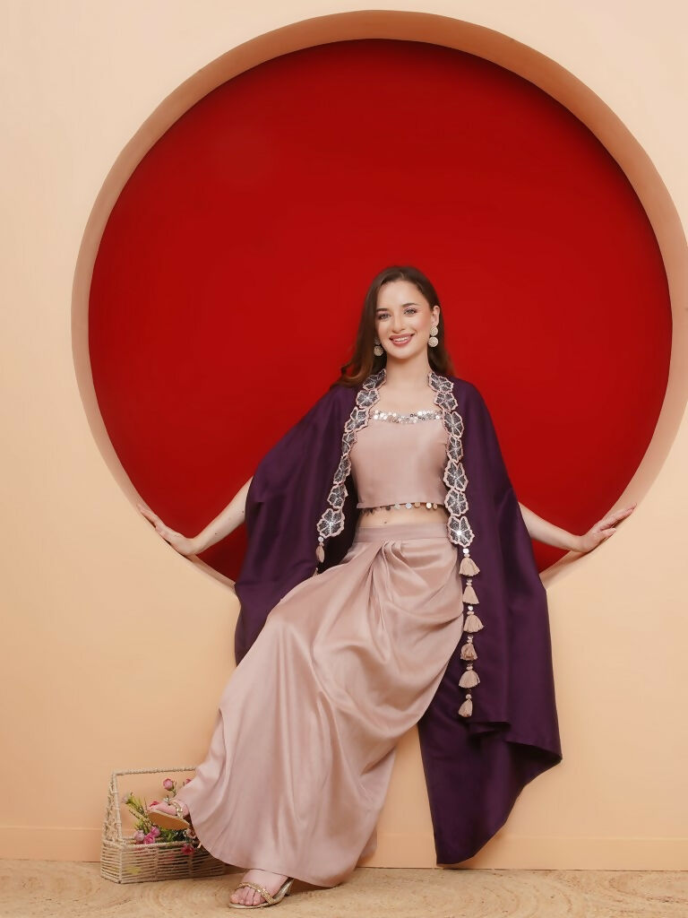 Joban Fashion Purple and Rose Gold Skirt set with Cape | Grocsy