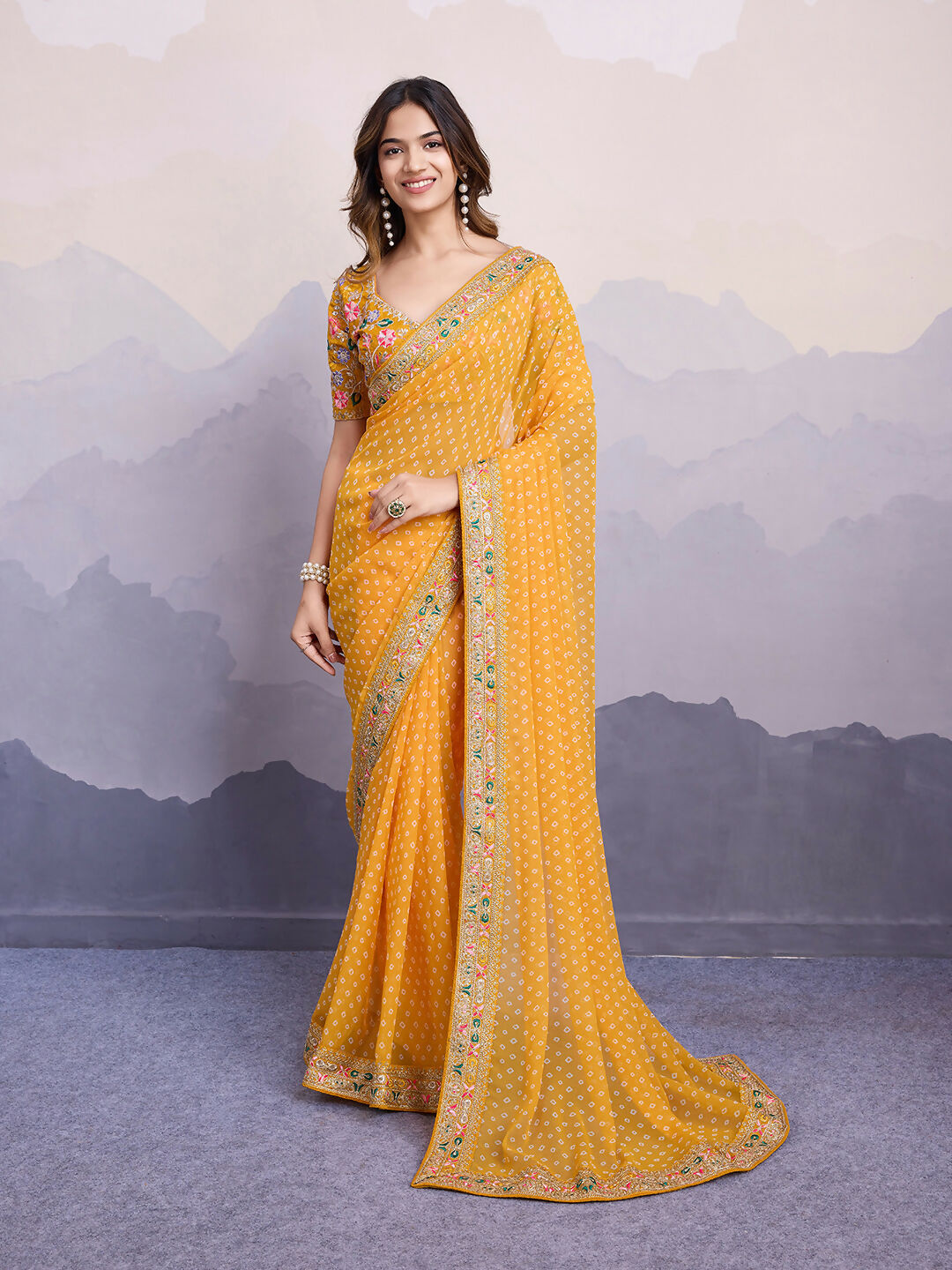 Yellow Georgette Bandhani Printed,Embroidery Work Saree - Surkhi | Grocsy