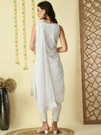 Myshka Women's White Georgette Sleeveless Straight Party Kurta With Dupatta Set | Grocsy