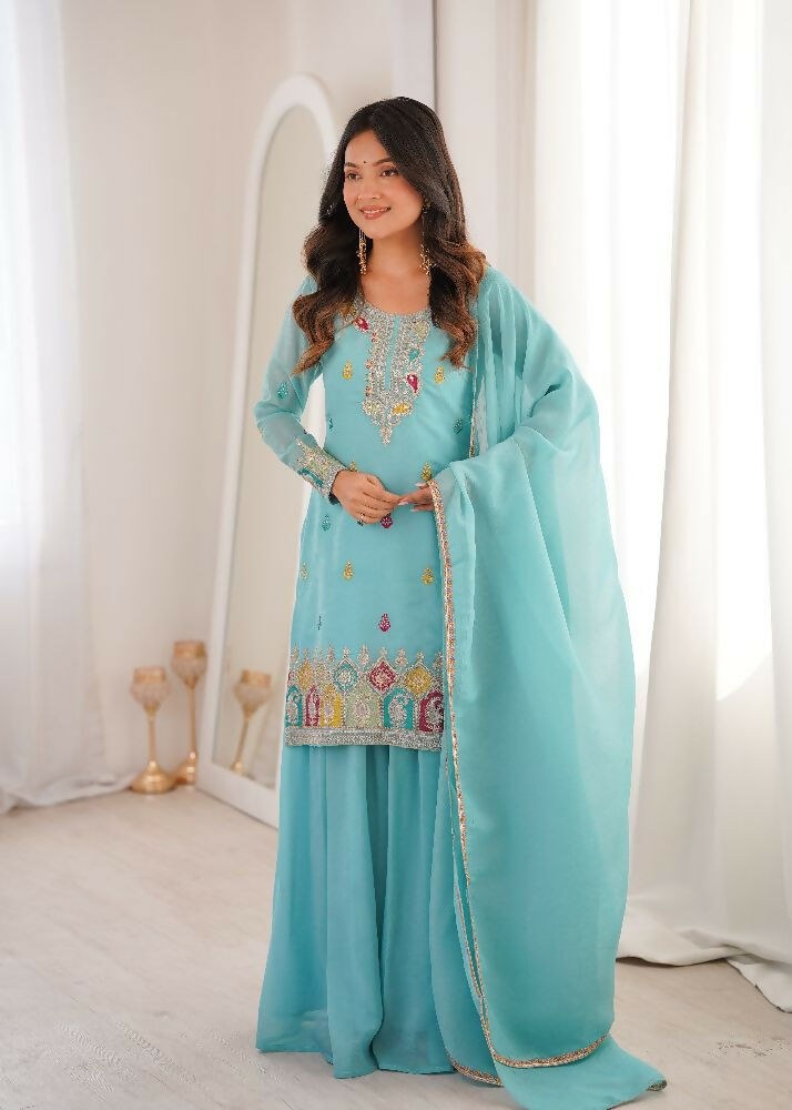 Teeya Creation Sky Blue Color Soft Crunchy Silk Party Wear Designer Sharara set | Grocsy