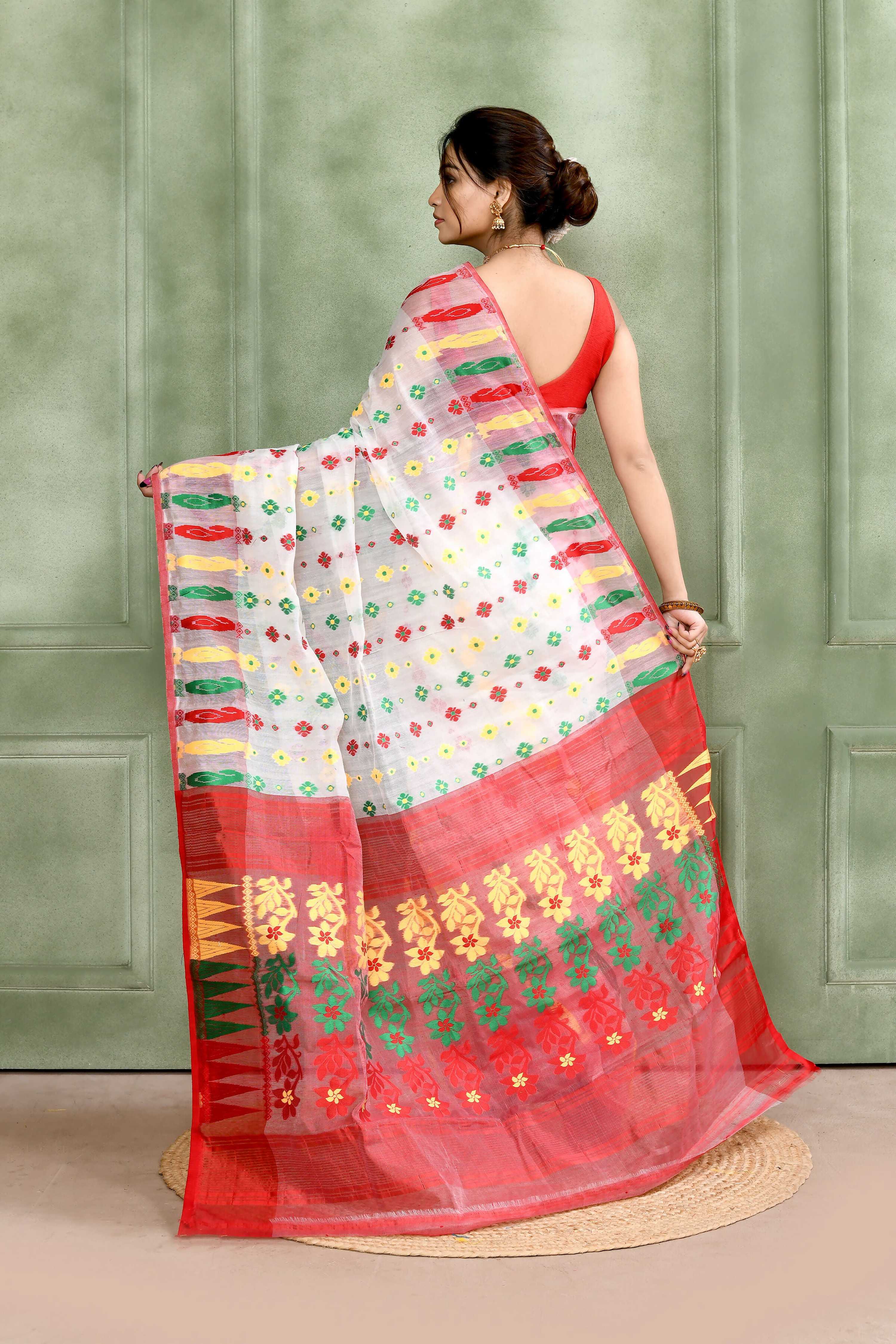 Piyari Fashion Women's White Embellished Cotton Blend Jamdani Saree | Grocsy