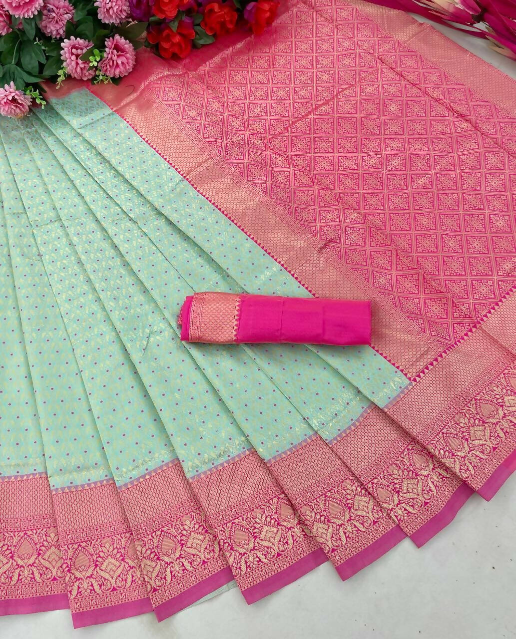 DEIANA'S Beautiful Designer Golden zari Soft Lichi Silk Saree - Sky | Grocsy