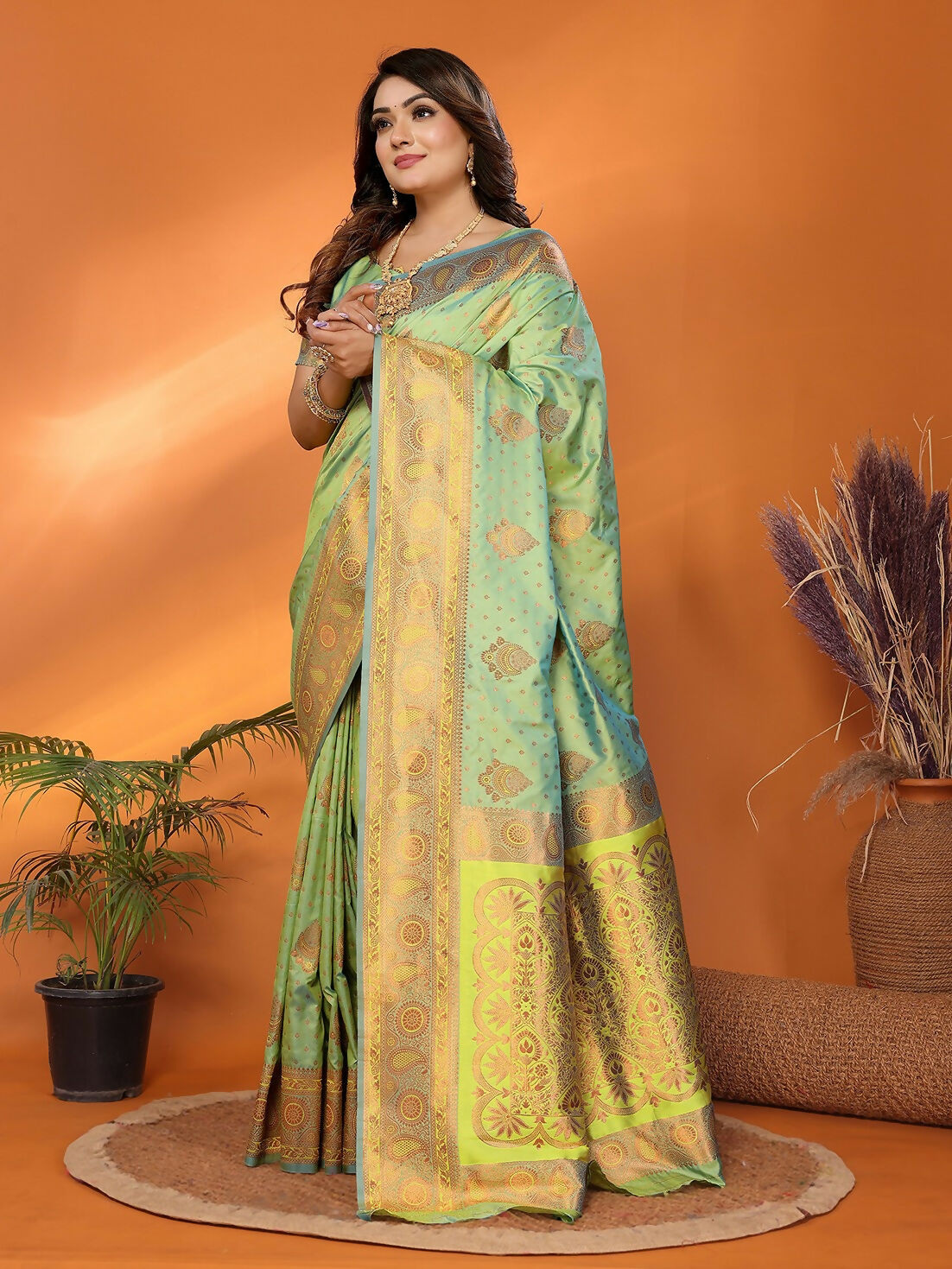 Joban Fashion Banarasi Light Green Woven Soft Silk Saree | Grocsy