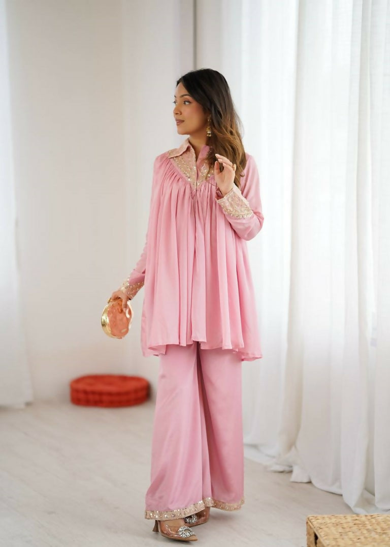 Teeya Creation Baby Pink Heavy Chinnon Silk Embroidery Work Plazo pair | Grocsy
