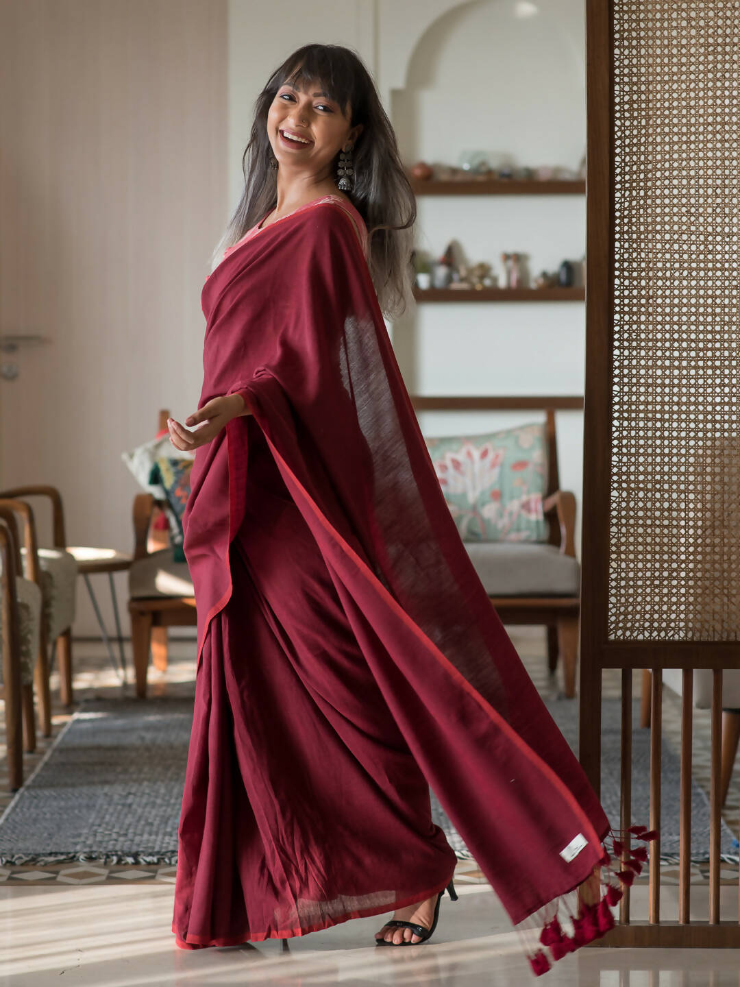 Suta Maroon Solid Cotton Blend Saree | Grocsy
