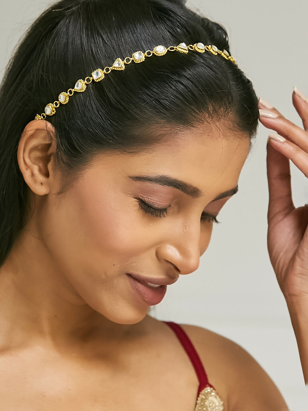 Nuyug 22K Gold-Plated Kundan & Pearl Studded Matha Patti Head Jewellery | Grocsy
