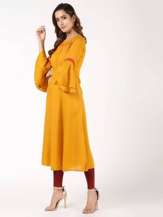 Aniyah Latest Rayon Bell Sleeves Solid Anarkali Kurta In Mustard (AN-152K) | Grocsy