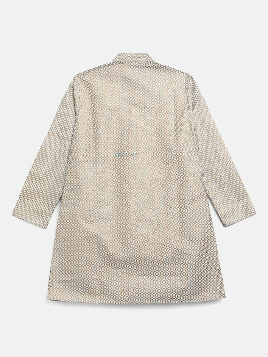 Ahalyaa Powder Blue Poly Silk Gold Print Kids Kurta Churidar Set For Boys | Grocsy
