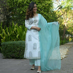 Vamika Poly Rayon Printed White & Sea Green Party Wear/Casual Wear/Office Wear Kurta Set/Suit | Grocsy