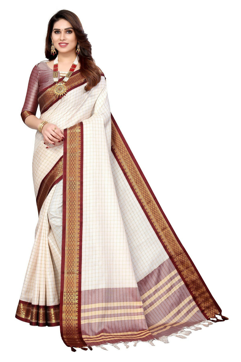 Vamika Weaving White Cotton Silk Saree (DEVAL MAROON) | Grocsy