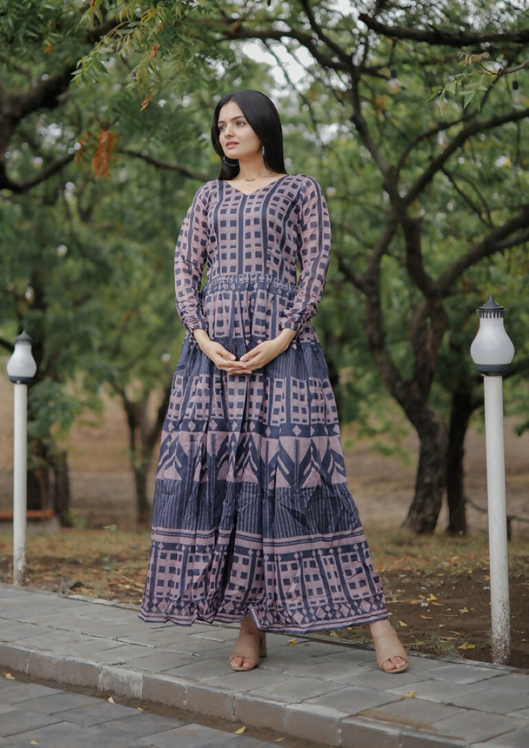 Jyoti Fashion Women's Navy Blue Heavy Digital Printed Pure Chanderi Anarkali Dress | Grocsy