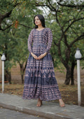 Jyoti Fashion Women's Navy Blue Heavy Digital Printed Pure Chanderi Anarkali Dress | Grocsy