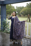 Aayaa Designer Embroidery Zari Sequins-Work Faux Blooming Georgette Suit - Navy Blue | Grocsy